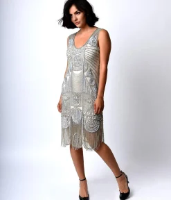 Special Order - Unique Vintage 1920s Style Silver Hand Beaded Fringe Bosley Flapper Dress