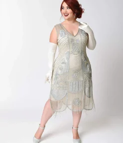 Special Order - Unique Vintage Plus Size 1920s Style Silver Hand Beaded Fringe Bosley Flapper Dress