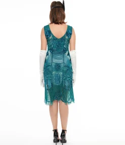 Special Order - Unique Vintage 1920s Style Teal Hand Beaded Fringe Bosley Flapper Dress