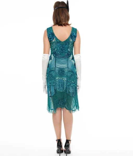 Special Order - Unique Vintage 1920s Style Teal Hand Beaded Fringe Bosley Flapper Dress