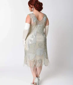 Special Order - Unique Vintage Plus Size 1920s Style Silver Hand Beaded Fringe Bosley Flapper Dress