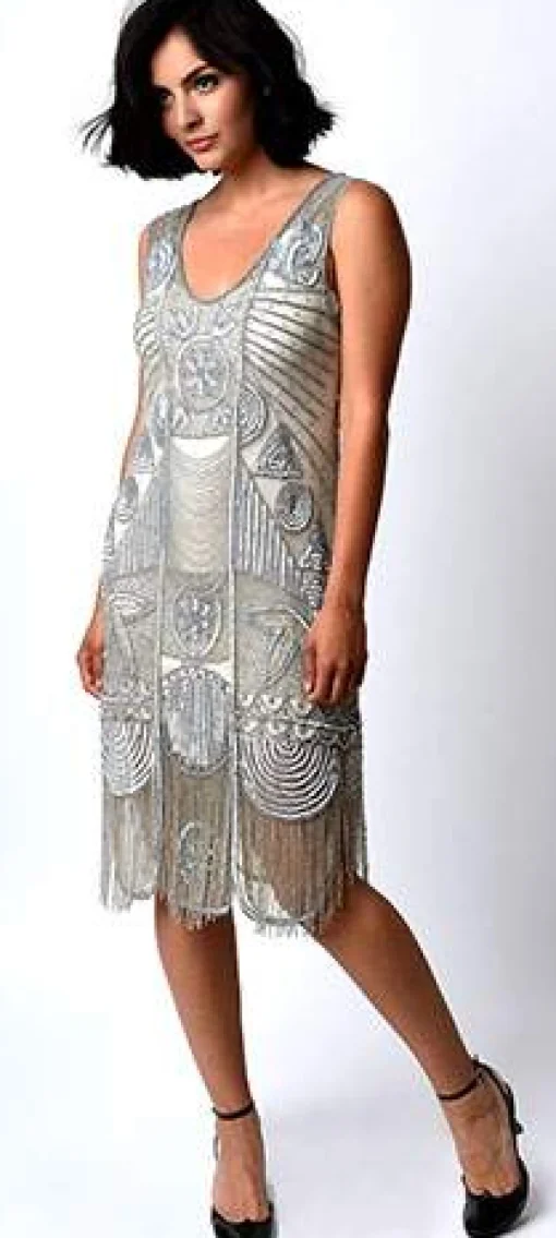 Special Order - Unique Vintage 1920s Style Silver Hand Beaded Fringe Bosley Flapper Dress
