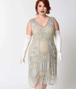 Special Order - Unique Vintage Plus Size 1920s Style Silver Hand Beaded Fringe Bosley Flapper Dress