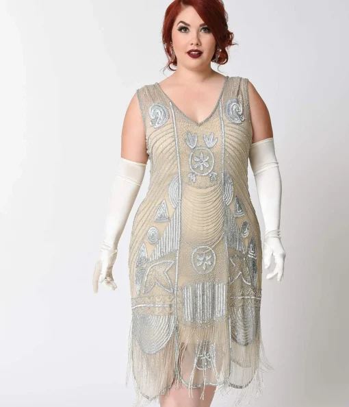 Special Order - Unique Vintage Plus Size 1920s Style Silver Hand Beaded Fringe Bosley Flapper Dress