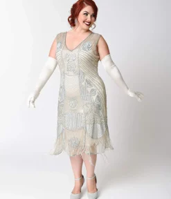 Special Order - Unique Vintage Plus Size 1920s Style Silver Hand Beaded Fringe Bosley Flapper Dress