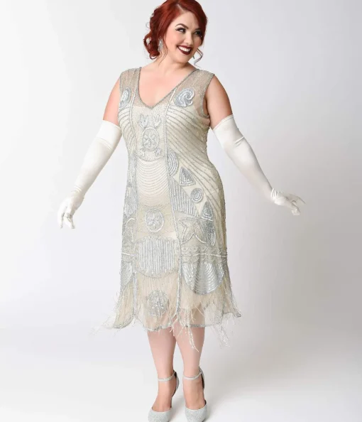 Special Order - Unique Vintage Plus Size 1920s Style Silver Hand Beaded Fringe Bosley Flapper Dress