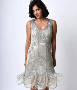 Special Order - Unique Vintage 1920s Style Silver Hand Beaded Fringe Bosley Flapper Dress