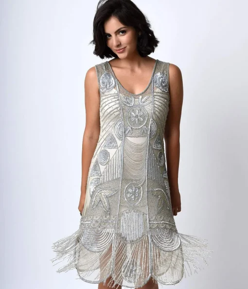Special Order - Unique Vintage 1920s Style Silver Hand Beaded Fringe Bosley Flapper Dress