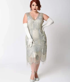 Special Order - Unique Vintage Plus Size 1920s Style Silver Hand Beaded Fringe Bosley Flapper Dress