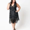 Special Order- Unique Vintage Plus Size 1920s Style Black Hand Beaded Fringe Bosley Flapper Dress