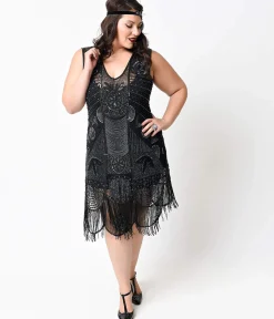 Special Order- Unique Vintage Plus Size 1920s Style Black Hand Beaded Fringe Bosley Flapper Dress