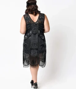 Special Order- Unique Vintage Plus Size 1920s Style Black Hand Beaded Fringe Bosley Flapper Dress