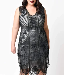 Special Order- Unique Vintage Plus Size 1920s Style Black Hand Beaded Fringe Bosley Flapper Dress