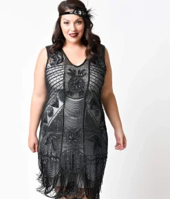 Special Order- Unique Vintage Plus Size 1920s Style Black Hand Beaded Fringe Bosley Flapper Dress
