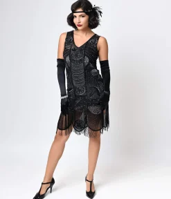 Special Order- Unique Vintage 1920s Style Black Hand Beaded Fringe Bosley Flapper Dress