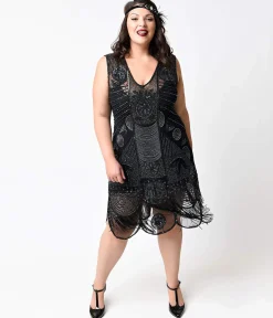 Special Order- Unique Vintage Plus Size 1920s Style Black Hand Beaded Fringe Bosley Flapper Dress