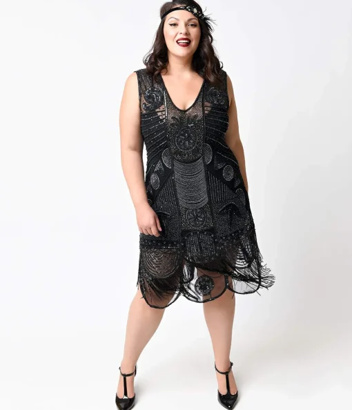 Special Order- Unique Vintage Plus Size 1920s Style Black Hand Beaded Fringe Bosley Flapper Dress
