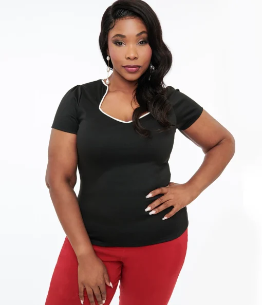 Steady 1950s Black & White Piped Sophia Top