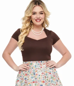Steady 1950s Chocolate Brown Short Sleeve Knit Sophia Top