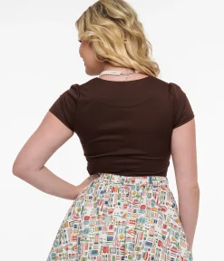 Steady 1950s Chocolate Brown Short Sleeve Knit Sophia Top