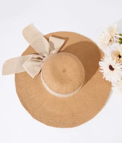 Tan & Beige Bow Toyo Braid Sun Hat