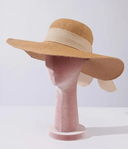 Tan & Beige Bow Toyo Braid Sun Hat