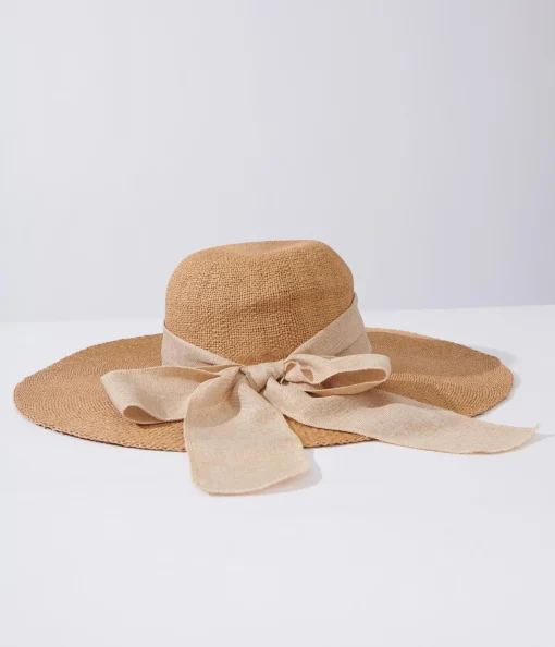 Tan & Beige Bow Toyo Braid Sun Hat