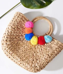 Tan Pom Pom Woven Bag