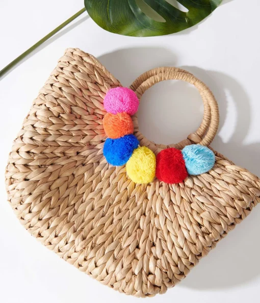 Tan Pom Pom Woven Bag