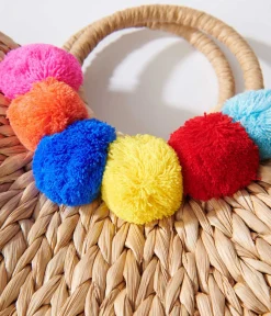 Tan Pom Pom Woven Bag