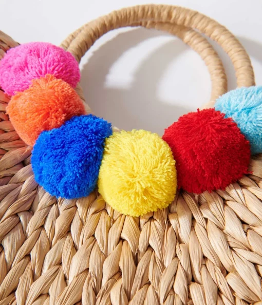 Tan Pom Pom Woven Bag