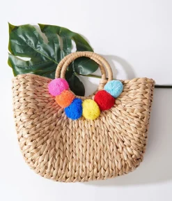 Tan Pom Pom Woven Bag