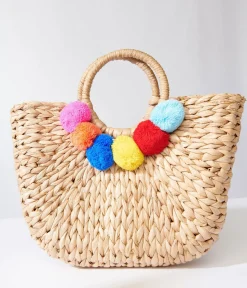 Tan Pom Pom Woven Bag