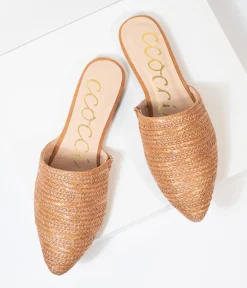 Tan Woven Straw Slip On Mules