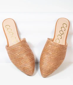 Tan Woven Straw Slip On Mules