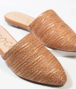 Tan Woven Straw Slip On Mules