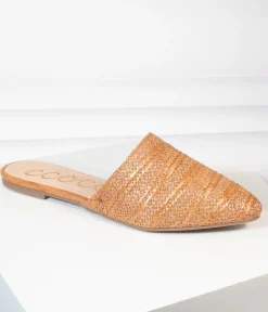 Tan Woven Straw Slip On Mules