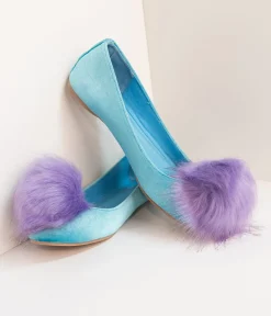 Teal Velvet & Purple Pom Pom Ballet Flats