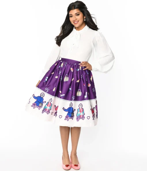 The Golden Girls x Unique Vintage Purple Character Border Gellar Swing Skirt