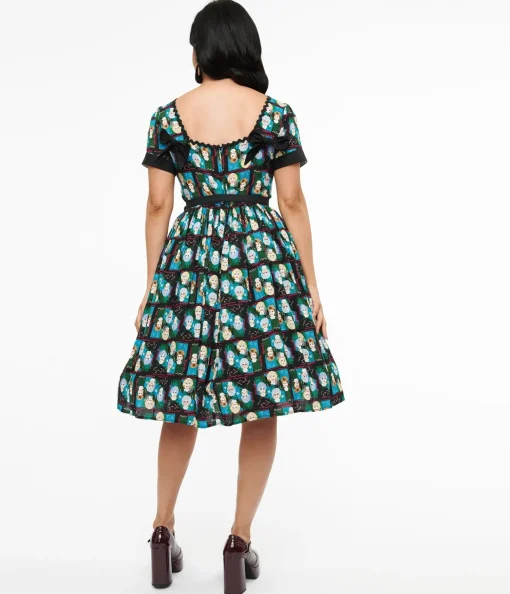 The Golden Girls x Unique Vintage Black & Blue The Golden Girls Print Swing Dress