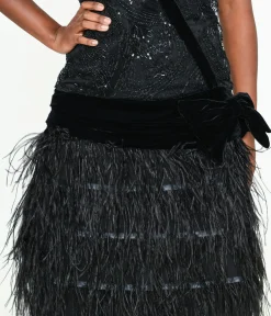 The Great Gatsby x Unique Vintage Black Sequin & Feather Surplice Flapper Dress