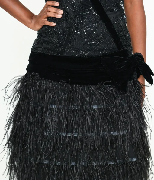 The Great Gatsby x Unique Vintage Black Sequin & Feather Surplice Flapper Dress