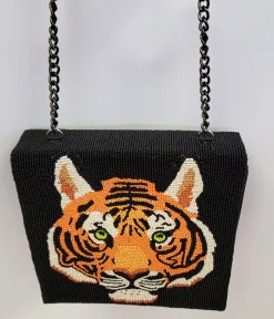Tiger Beaded Leatherette Crossbody Bag