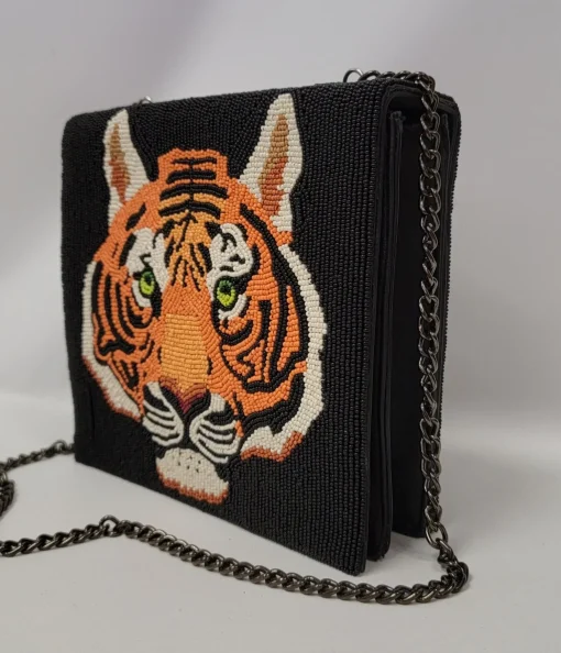 Tiger Beaded Leatherette Crossbody Bag