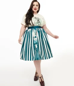 Tim Burton's The Nightmare Before Christmas by Unique Vintage Plus Size Teal & White Striped Jack Skellington Gellar Swing Skirt