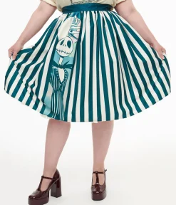 Tim Burton's The Nightmare Before Christmas by Unique Vintage Plus Size Teal & White Striped Jack Skellington Gellar Swing Skirt