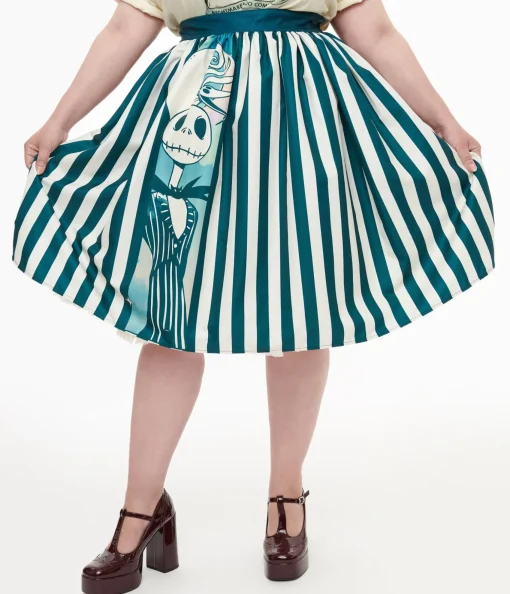 Tim Burton's The Nightmare Before Christmas by Unique Vintage Plus Size Teal & White Striped Jack Skellington Gellar Swing Skirt