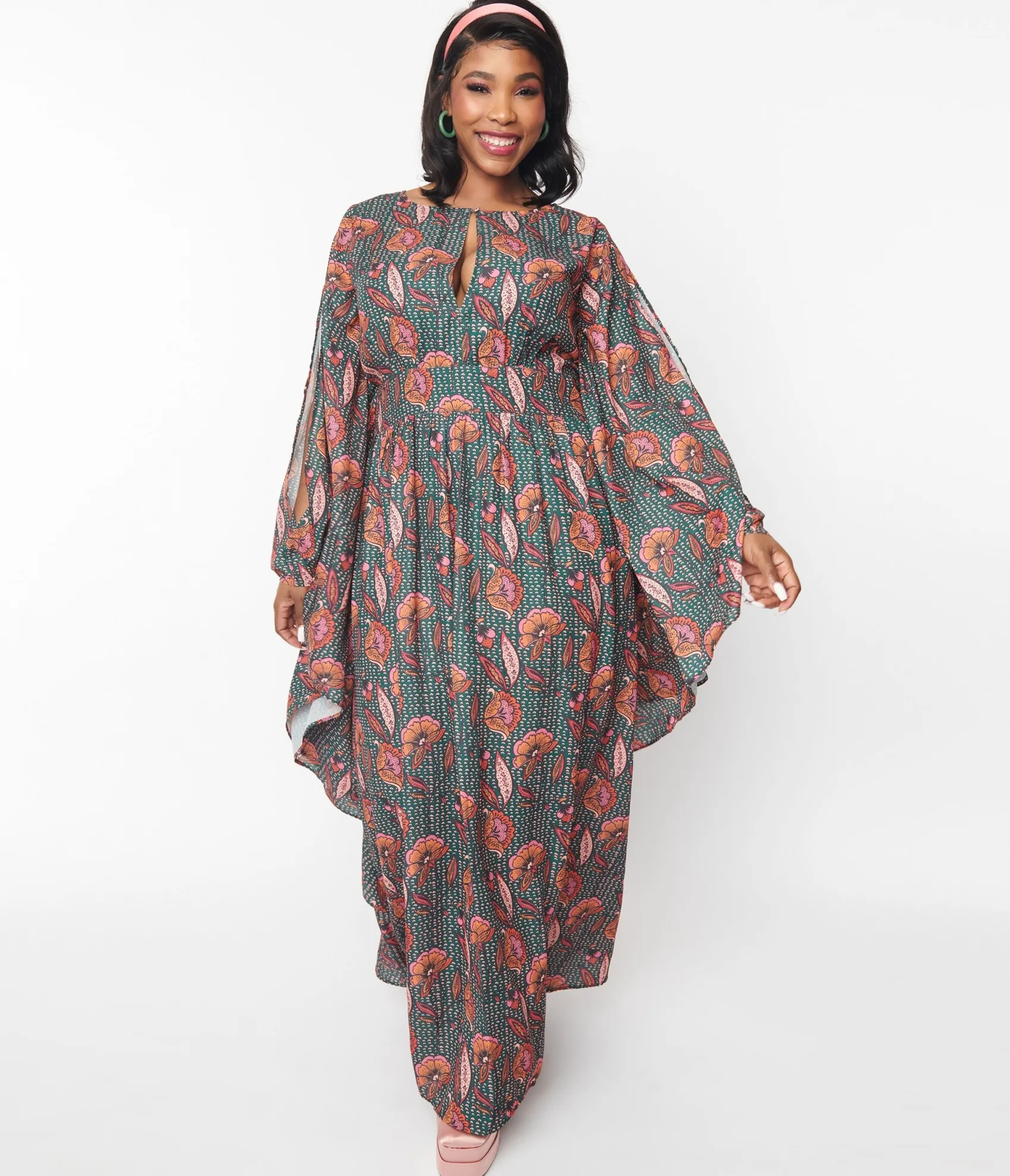 Unique Vintage Bali Floral Print Flutter Sleeve Caftan
