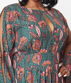 Unique Vintage Bali Floral Print Flutter Sleeve Caftan
