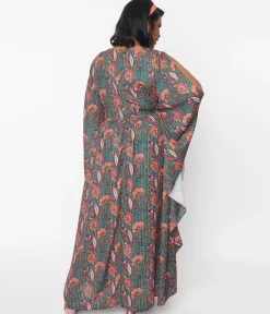 Unique Vintage Bali Floral Print Flutter Sleeve Caftan